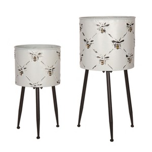 Transpac Metal 20.75" White Spring Bee Pattern Planters with Stand Set of 2 - 1 of 2