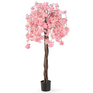 Costway 1/2 PCS 5.5 FT Tall Artificial Cherry Blossom Tree with Pink Flowers Fake Potted Tree Pink - 1 of 4