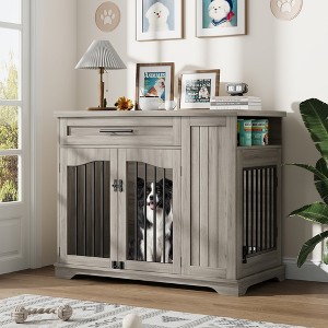 Furniture Style Dog Crate for Large Dogs, 44 Inch Wooden Dog Kennel Furniture with Drawer & Side Storage and Bulit-In Feeding Station - 1 of 4