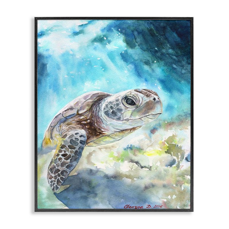 Sea Turtle Blue Watercolor Canvas Print with Black Frame, 16x20