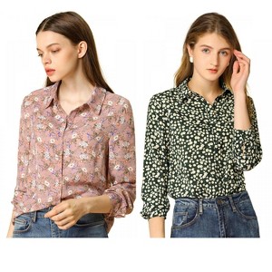 INSPIRE CHIC Women's Point Collar Long Button Sleeve Button Down Floral Shirt 2 Packs - 1 of 4