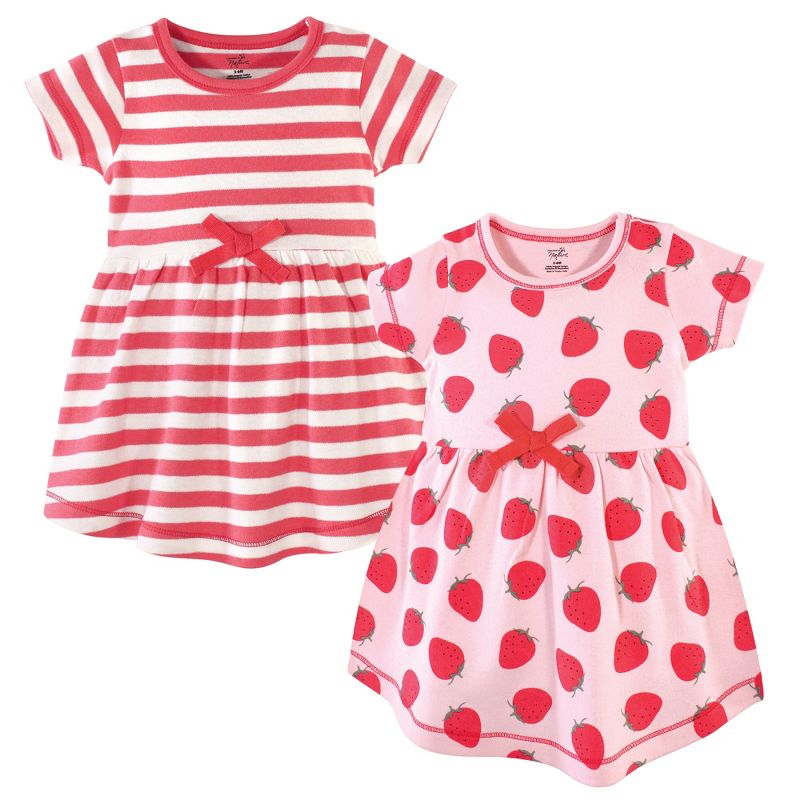 Touched by Nature Baby and Toddler Girl Organic Cotton Short-Sleeve Dresses 2pk, Strawberries, 1 of 5