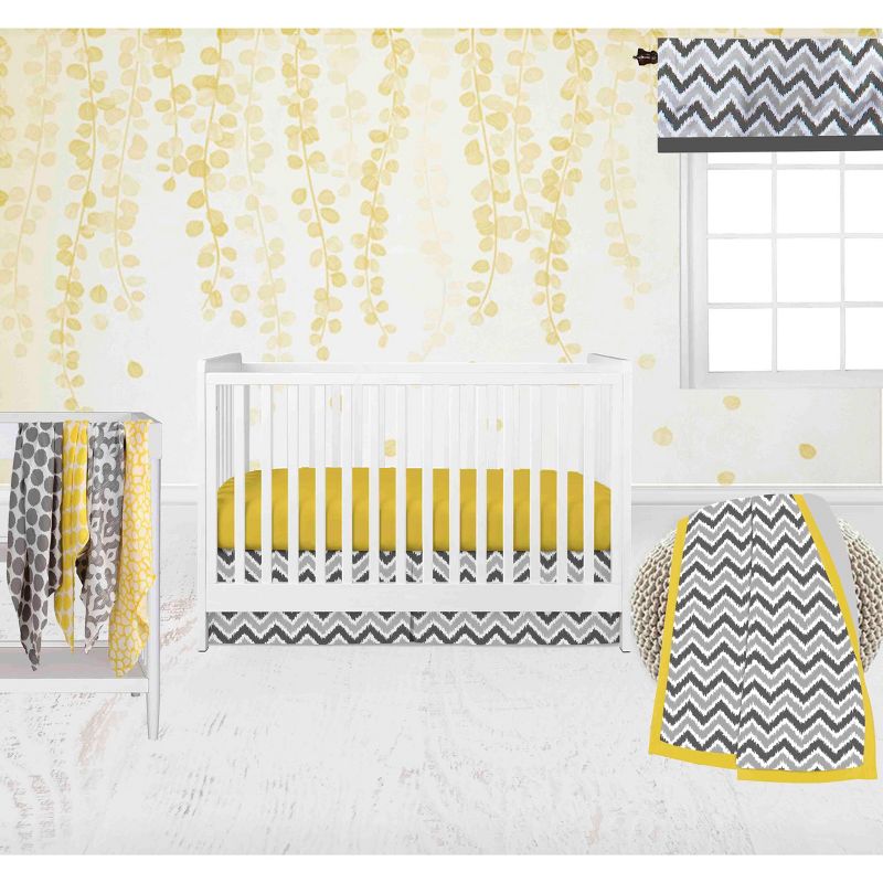 Bacati - Ikat Dots Giraffe Yellow Grey Neutral 10 pc Crib Set with 2 Crib Fitted Sheets 4 Muslin Swaddling Blankets, 1 of 10