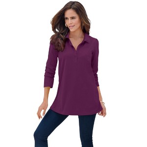 Roaman's Women's Plus Size Long Sleeve Polo Ultimate Tee - 1 of 4