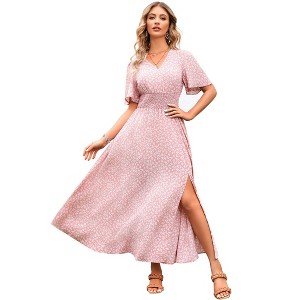 Clearlove Women's Floral Print V-Neck Ruffle Short-Sleeved Waist tie Dress Maxi Dress - 1 of 4