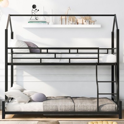 NicBex Twin Over Full Metal Bunk Bed with Ladder,House Shaped Loft Bed with Safety Guardrail for Bedroom,Black/White/Pink