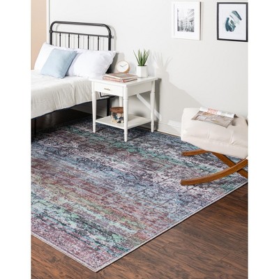 Blue Green Square Synthetic Medallion Washable Rug