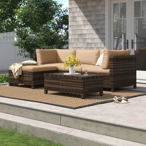 Chic Crate - Parkhurst 3-Person All-Weather Rattan Outdoor Sectional Set with Beige Cushions - 1 of 4