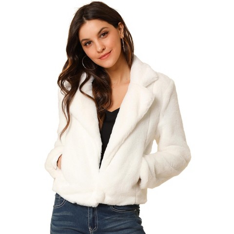 INSPIRE CHIC Women's Winter Cropped Notch Lapel Fluffy Faux Fur Coat Medium White