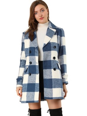 Allegra K Women's Notched Lapel Double Breasted Winter Plaids Overcoat