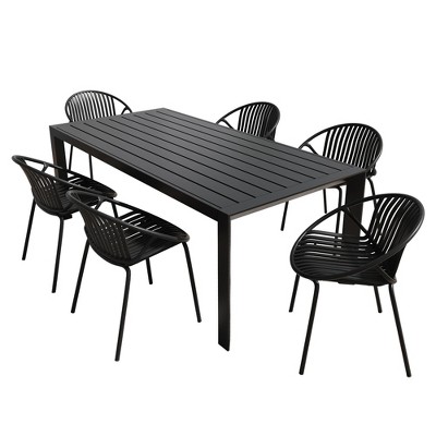 Christopher Knight Home Paddy 7 Pieces Outdoor Modern Metal and Polypropylene Dining Set with Stackable Chair, Black