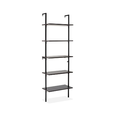 Madera Tall Black Wood and Metal Ladder Bookcase with 5 Shelves