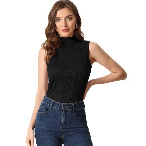 Allegra K Women's Mock Neck Sleeveless Keyhole Back Ribbed Knit Blouses - 1 of 4