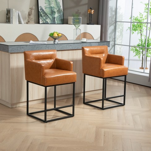 Brown Faux Leather Counter Height Bar Stools Set Of 2 With Arms barrel Upholstered Bar Stool Set Of 2 armrest Counter Stool With Backrest cuddlewood Target