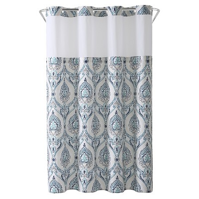 French Damask Shower Curtain with Liner Aqua - Hookless