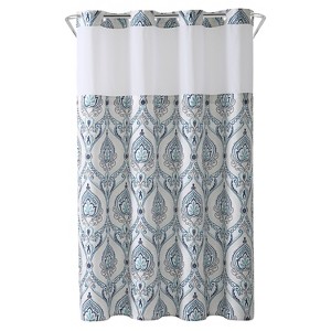 French Damask Shower Curtain with Liner Aqua - Hookless, Blue