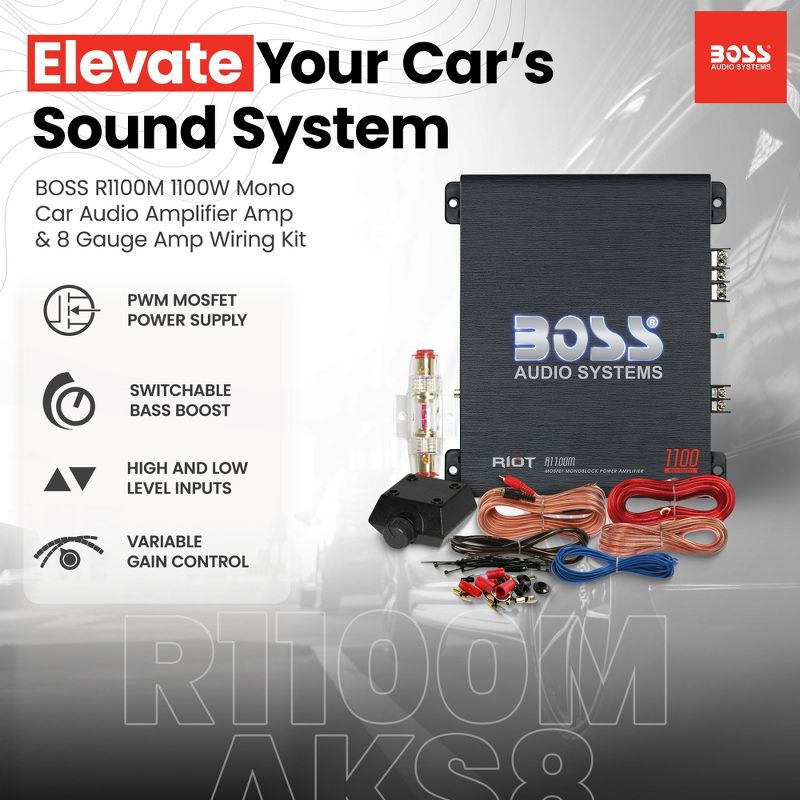 New BOSS R1100M 1100W Mono Car Audio Amplifier Amp & 8 Gauge Amp Wiring Kit, 2 of 7
