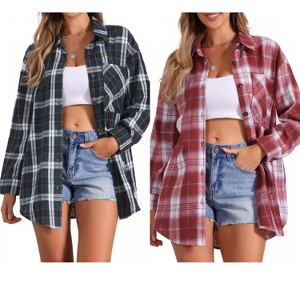 INSPIRE CHIC Women's Vintage Plaid Flannel Long Sleeve Button Down Collar With Pocket Casual Shirts 2 Packs - 1 of 4