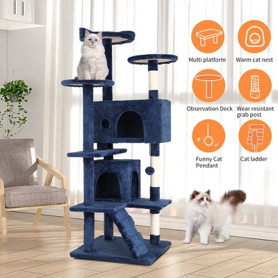 54in Navy Blue Multi-Level Cat Tree Tower with Faux-Fur Cover