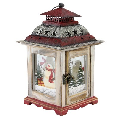 Northlight 11.75" Rustic Wooden Snowman Holiday Scene Christmas Candle Lantern