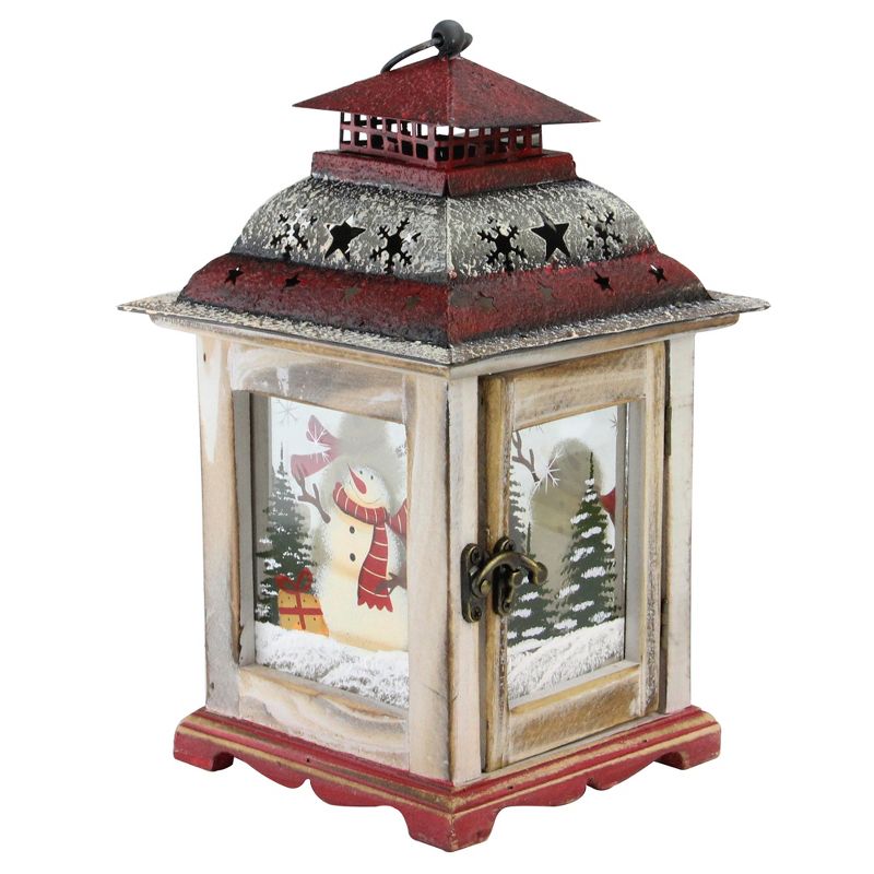 Northlight 11.75" Rustic Red and White Snowman Christmas Scene Candle Lantern, 1 of 6