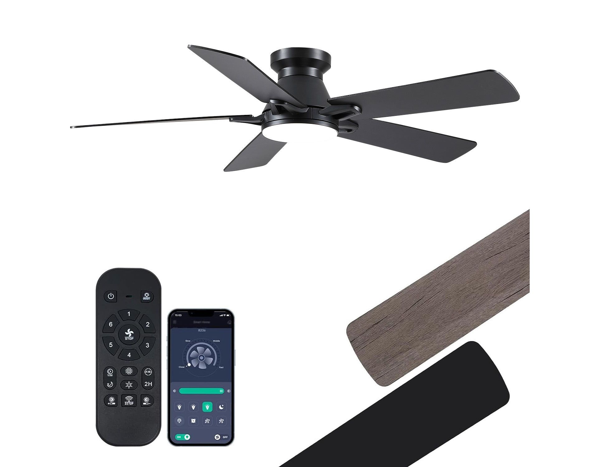 Kviflon 52 Inch Flush Mount 5 Blades Ceiling Fan,Low Profile Ceiling Fan Light for Indoor or Outdoor