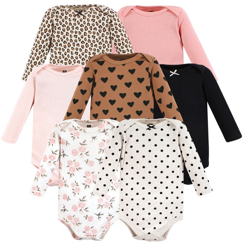 Hudson Baby Infant Girl Cotton Long-Sleeve Bodysuits, Cinnamon Pink Prints 7-Pack, 1 of 10