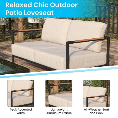 Modern Black Steel Frame Loveseat with Beige Cushions