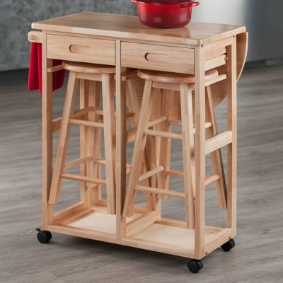 Light Wood Folding Table with 2 Stools and Wheels