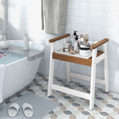 Brown and White Bamboo Spa Shower Bench with Armrests