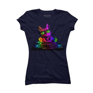 Junior's Design By Humans Cool Cat DJ By clingcling T-Shirt - 1 of 3