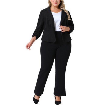 Agnes Orinda Women's Plus Size 3/4 Ruched Sleeve Notch Lapel Work Office Crop Suit Blazer