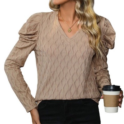 Coolmee Women's Long Sleeve Shirts Fall Outfits V Neck Soft Knit Pullover Trendy Tops Dressy Casual Blouses
