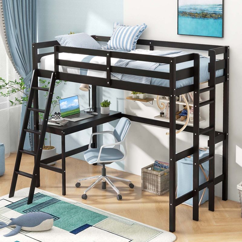 Costway Twin Size Loft Bed w/ Desk & Shelf 2 Ladders & Guard Rail for Kids Teens Bedroom Brown/Grey/White, 1 of 11