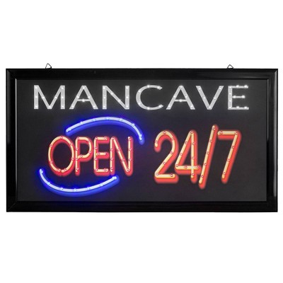 Man Cave Open 24/7 Framed LED Sign Red/Black - Crystal Art Gallery