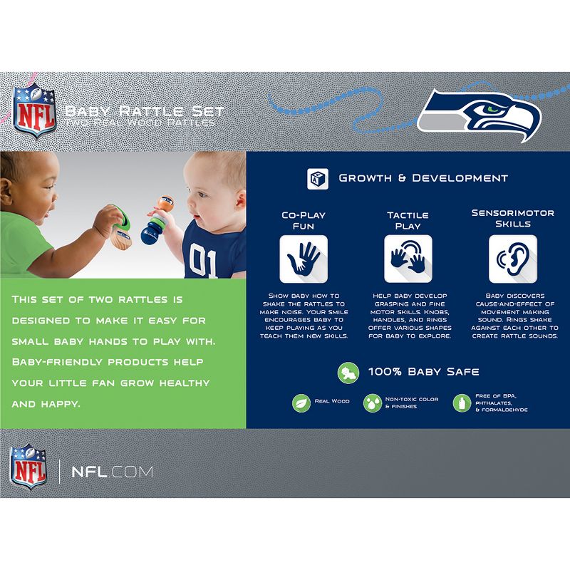 Baby Fanatic Wood Rattle 2 Pack - NFL Seattle Seahawks Baby Toy Set, 3 of 5