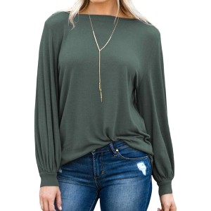 Amaryllis Women's Long-Sleeve Casual Boat Neck Loose-Fit Blouse Soft Stretchy Knit - 1 of 4