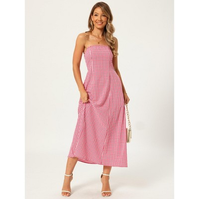 Женские платья INSPIRE CHIC Women's Gingham Strapless Sleeveless Off Shoulder Smocked Beach A-Line Maxi Sundress Small Red — фото 3