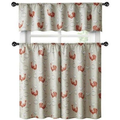 Kate Aurora Country Farmhouse Red Rooster Barn 3 Piece Kitchen Curtain Tier & Valance Set - 56 in. W x 36 in. L