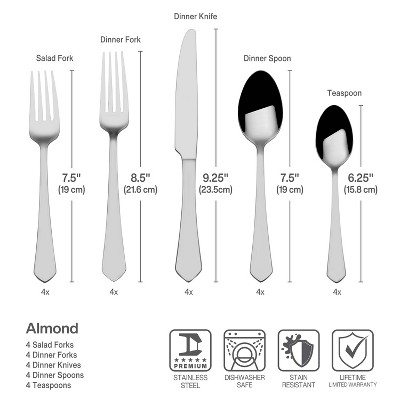 Gourmet Basics by Mikasa 20pc Almond Flatware Set: 18/0 Stainless Steel, Dishwasher-Safe, Service for 4, Traditional Style