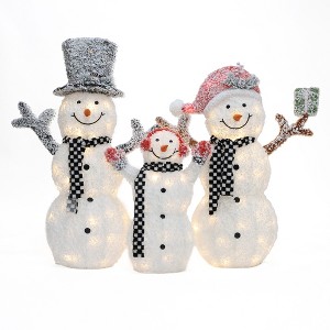 LuxenHome 3-Piece Lighted Snowman Family, White Tinsel Frosted Outdoor Holiday Yard Display White, Red, Black, Green - 1 of 4
