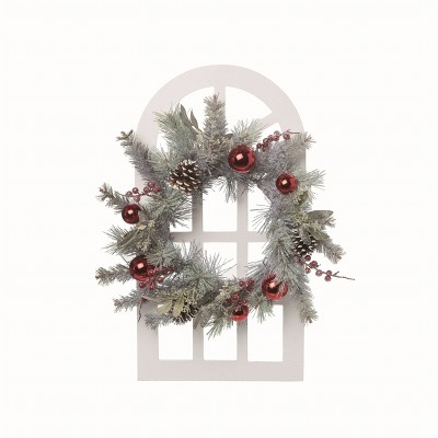 Transpac Wood Multicolor Christmas Church Window Wreath Decor