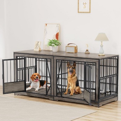 ELJGET 86.2" Double Dog Crate Furniture for 2 Dogs,  Wooden Dog Kennel with Adjustable Bowls, Dog Crate Wooden TV Stand End Table for Large, Gray