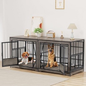 ELJGET 86.2" Double Dog Crate Furniture for 2 Dogs,  Wooden Dog Kennel with Adjustable Bowls, Dog Crate Wooden TV Stand End Table for Large, Gray - 1 of 4