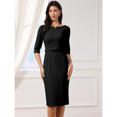Женские платья INSPIRE CHIC Women's 3/4 Sleeve Boat Split Neck Elegant Belted Casual Sheath Midi Dresses Medium Black — фото 4