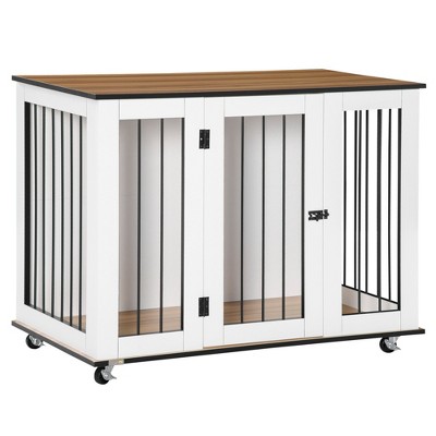 PawHut Modern Dog Crate End Table with Wheels & Big Tabletop, Indoor Dog Crate Furniture with Lockable Door, White