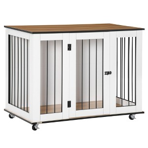 PawHut Modern Dog Crate End Table with Wheels & Big Tabletop, Indoor Dog Crate Furniture with Lockable Door, White - 1 of 4