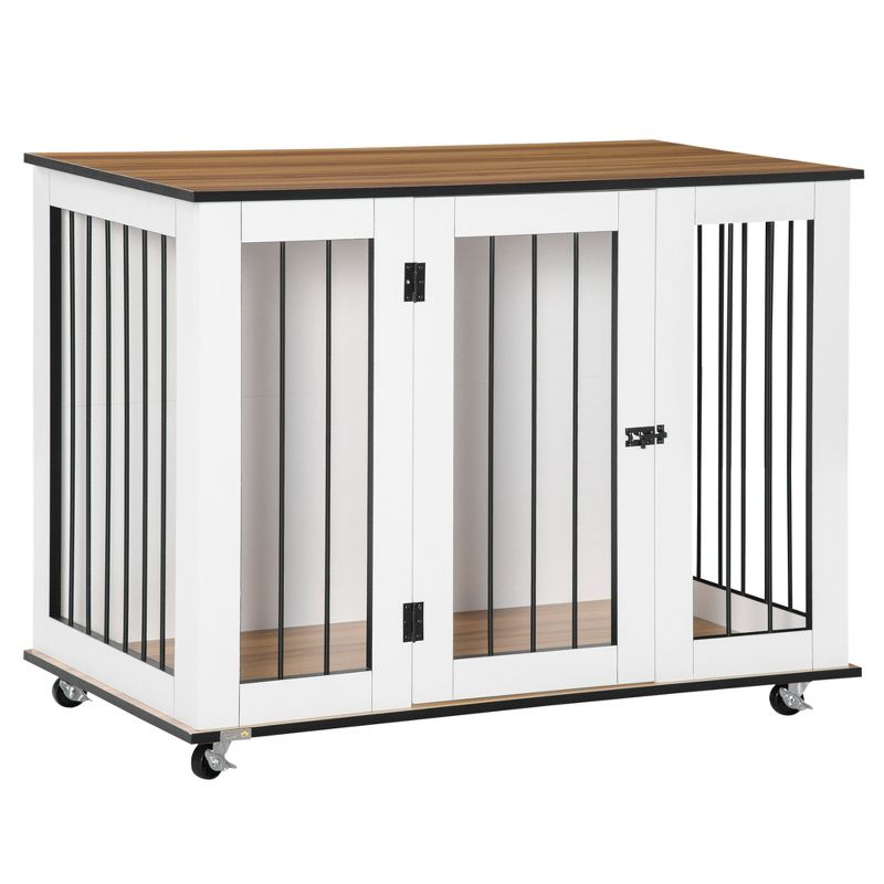 PawHut Modern Dog Crate End Table with Wheels & Big Tabletop, Indoor Dog Crate Furniture with Lockable Door, White, 1 of 8