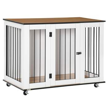 PawHut Modern Dog Crate End Table with Wheels & Big Tabletop, Indoor Dog Crate Furniture with Lockable Door, White