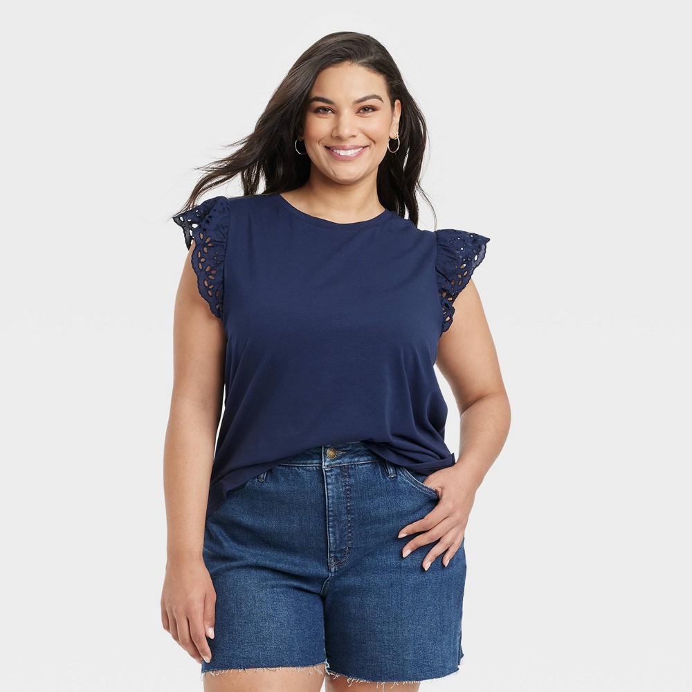 Women's Eyelet Flutter Short Sleeve T-Shirt - Ava & Viv™ Navy Blue 1X -  90204726